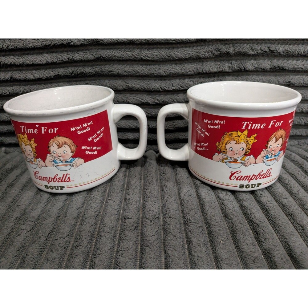 Vintage Campbell's Soup Mugs Pair 1998 Houston Harvest Time For Soup Kids